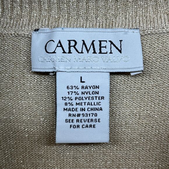 CARMEN Sweater L MARC VALCO Cowl Neck Metallic Pullover Rayon Blend Beige Gold - Picture 11 of 14